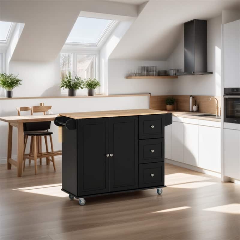 Mobile Wood Kitchen Island with Drawers and Towel Rack - N/A - Black