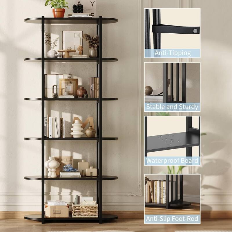 6 Tier 71" Freestanding Open Storage Industrial Bookshelf, Bookcase for Bedroom, Living Room