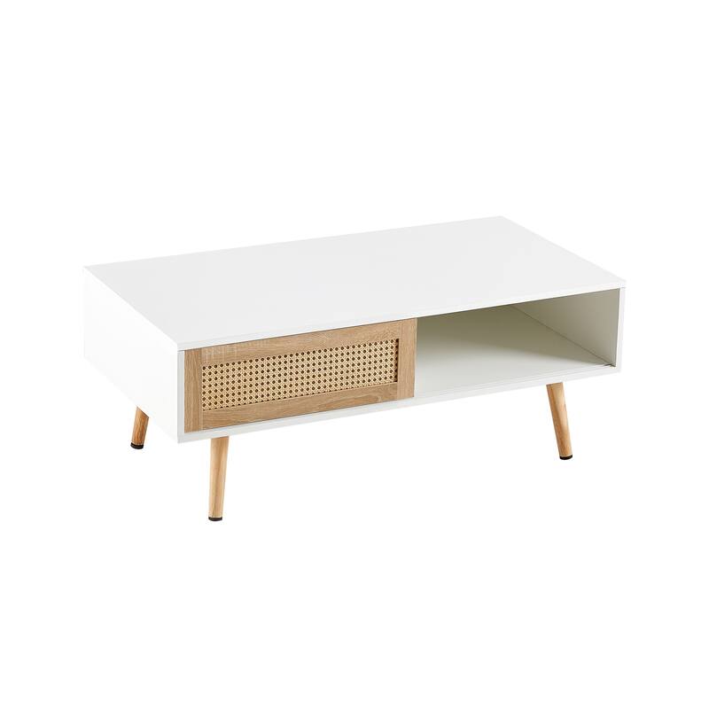 Rattan Coffee Table Modern Living Room Table with Sliding Rattan Door Panel Solid Wood Legs, for Living Room