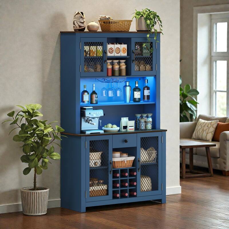 Rustic 70.9" Kitchen Hutch Pantry with LED Lights, AC/USB Outlets, Wine Bottle Rack, Glass Storage and Adjustable Shelves