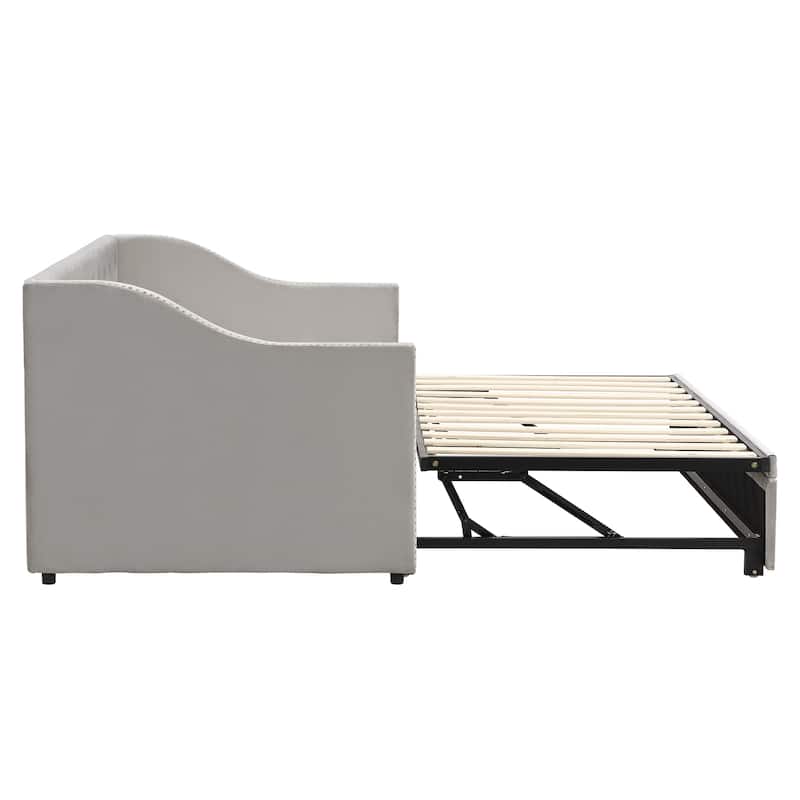 Gray Velvet Daybed Twin Sofa Bed w/ Pop Up Trundle, Upholstered Backrest, 2 Square Armrests, Convertible King Bed, Nailhead Trim