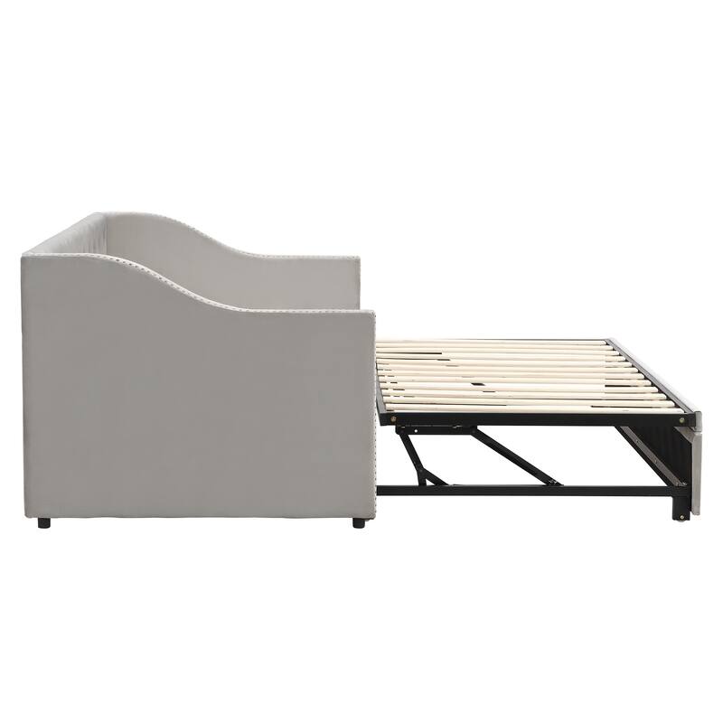 Twin to King Daybed with Pop Up Trundle, Button Tufted Backrest and Wooden Slat Support