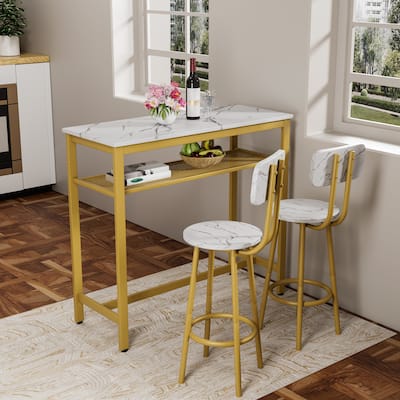 Dining Table Set with 2 Stools,3 Piece Counter Height for Kitchen, Living Room, Small Apartment Breakfast Table Faux Marble Top