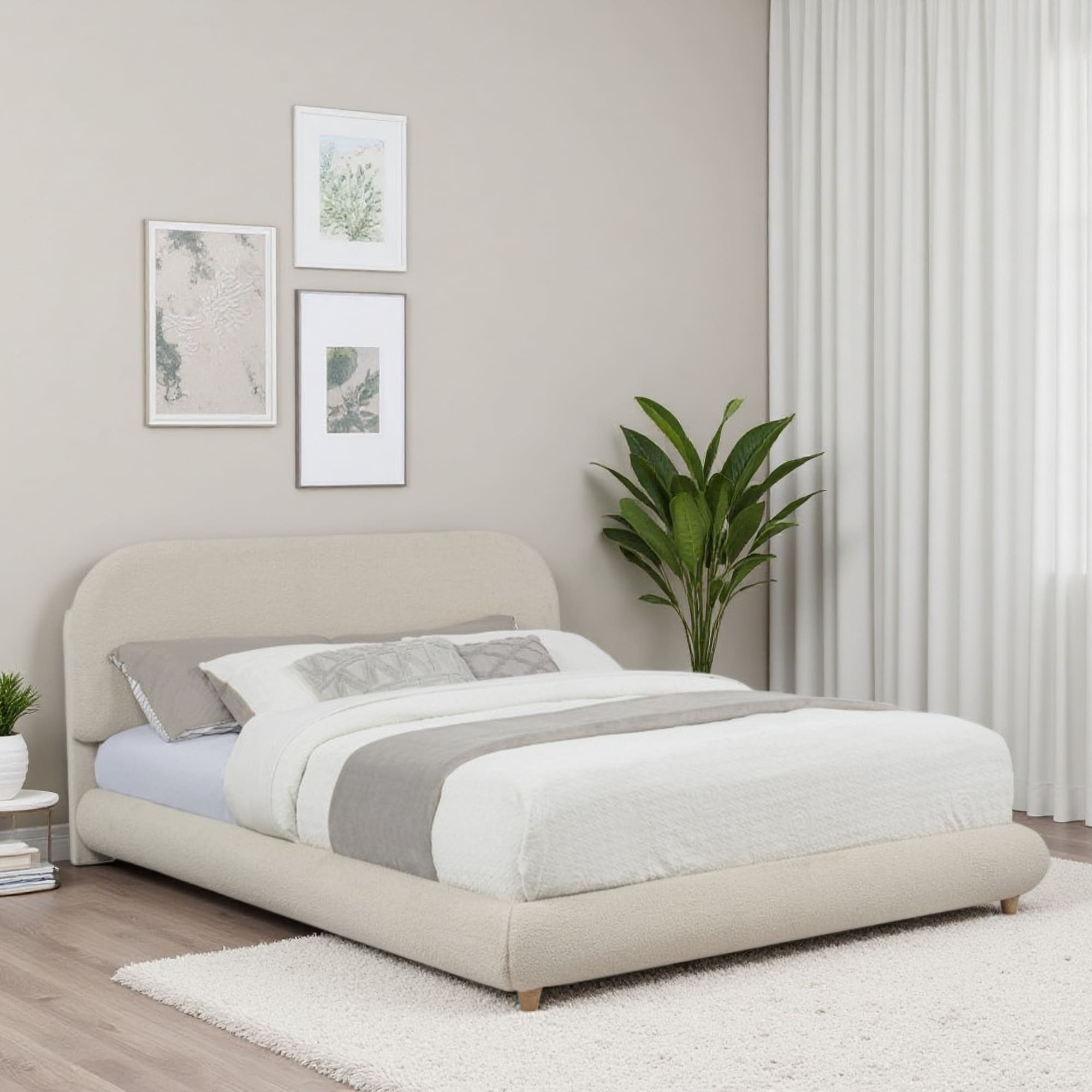 Queen Size Fleece Fabric Upholstered Low-Profile Platform Bed