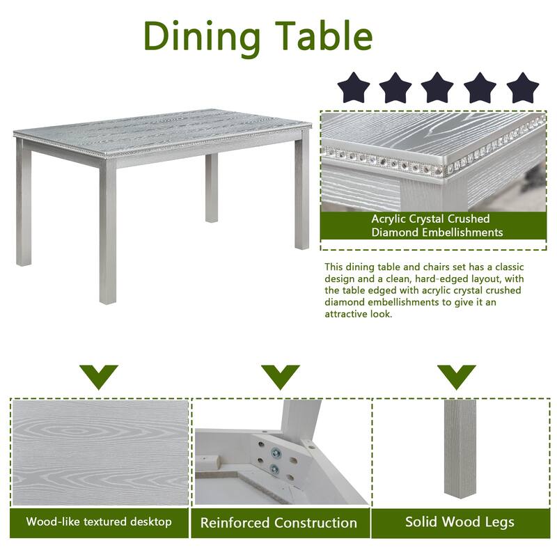 Kitchen Wooden Dining Table Set Rectangular Casual Dining Table with Crystal Accent Table Edge, 4 Dining Chairs, Bench