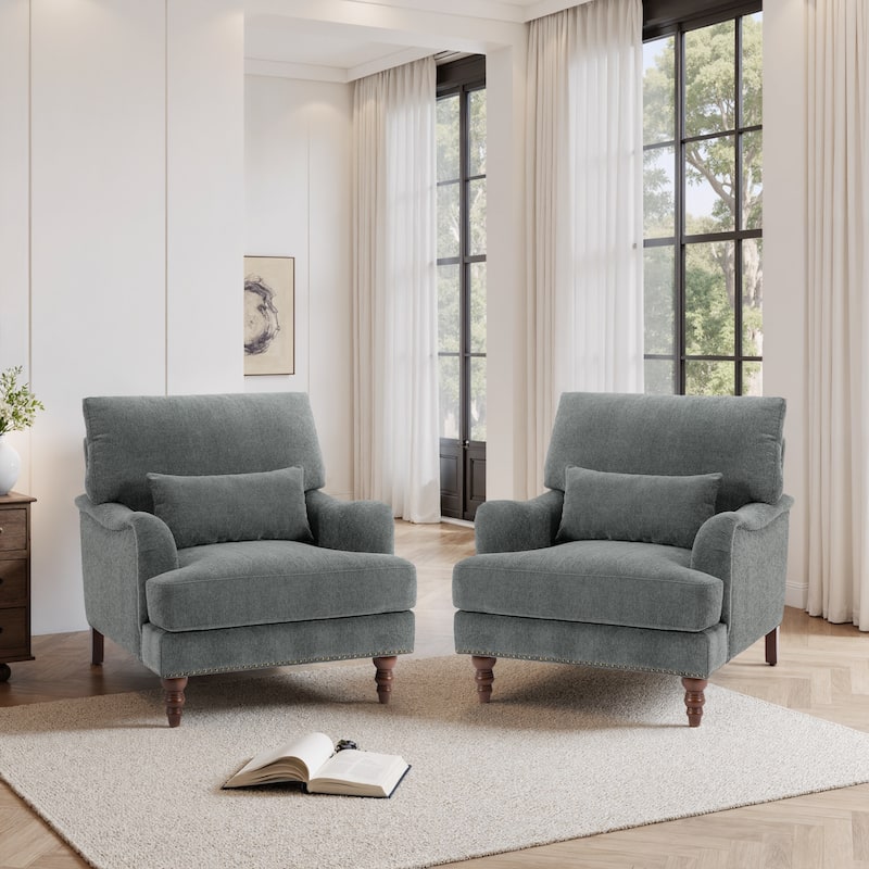 Set of 2 Mid Century Chenille Upholstered Accent Chairs - Grey