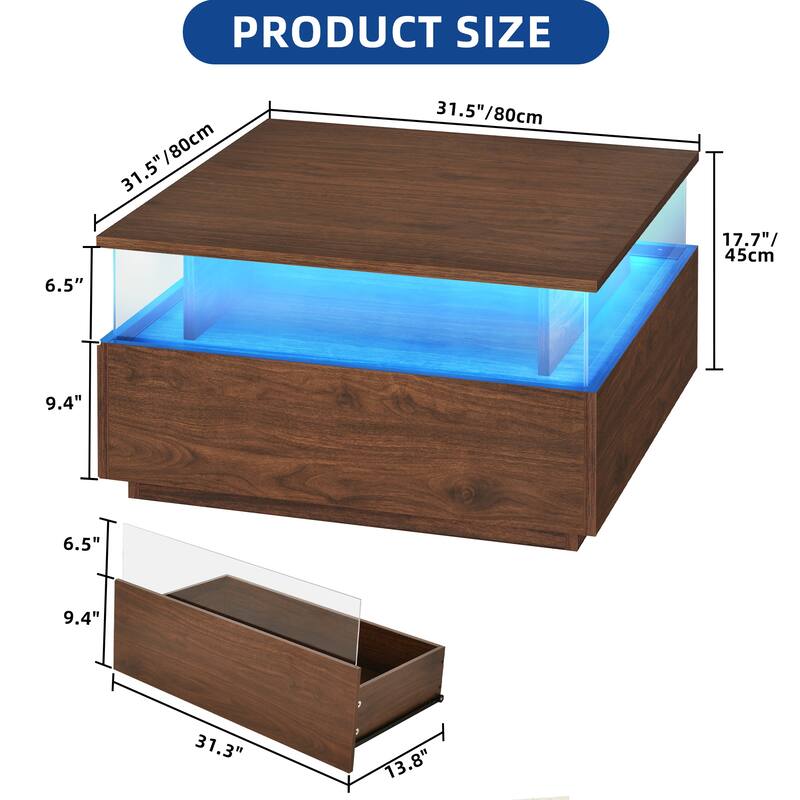 Moasis LED Square Coffee Table with Acrylic Drawers, Wood Center Table for Living Room