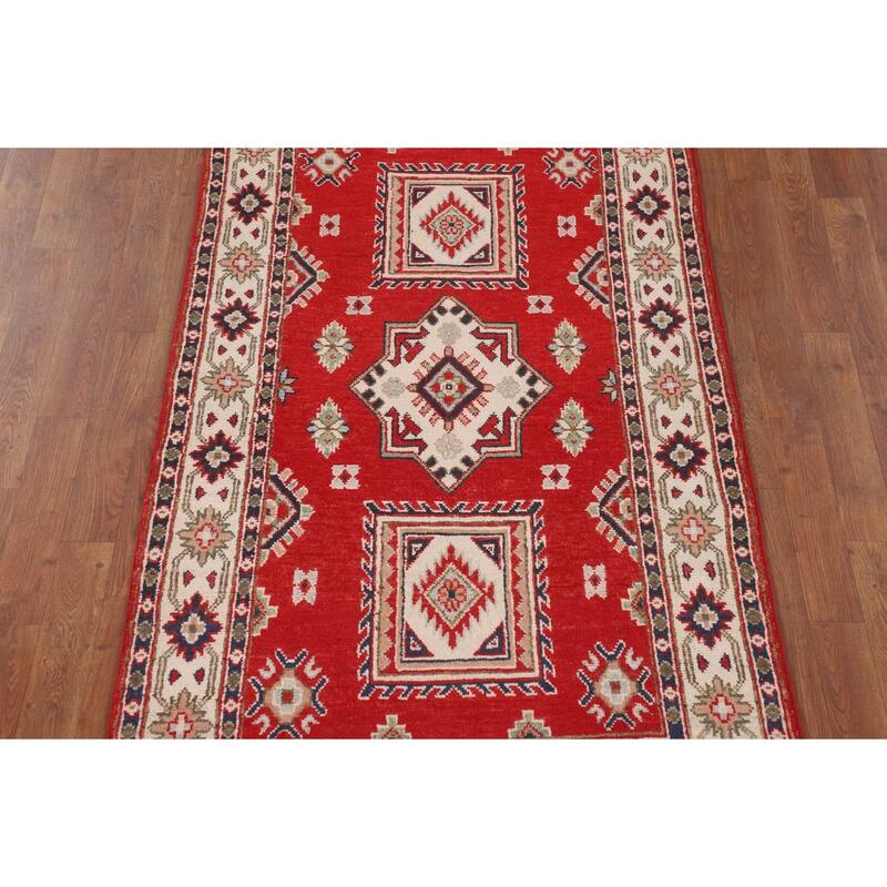 Red Geometric Kazak Oriental Foyer Rug Handmade Accent Wool Carpet - 3'3" x 5'9"