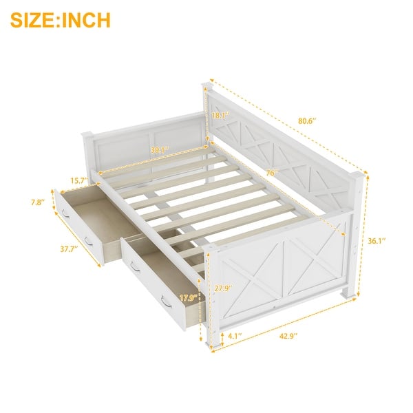 dimension image slide 1 of 2, Twin Size Wooden Modern and Rustic Casual Style Daybed with 2 Large Drawers,Bed W/X Frame Design,for Apartment, Bedroom