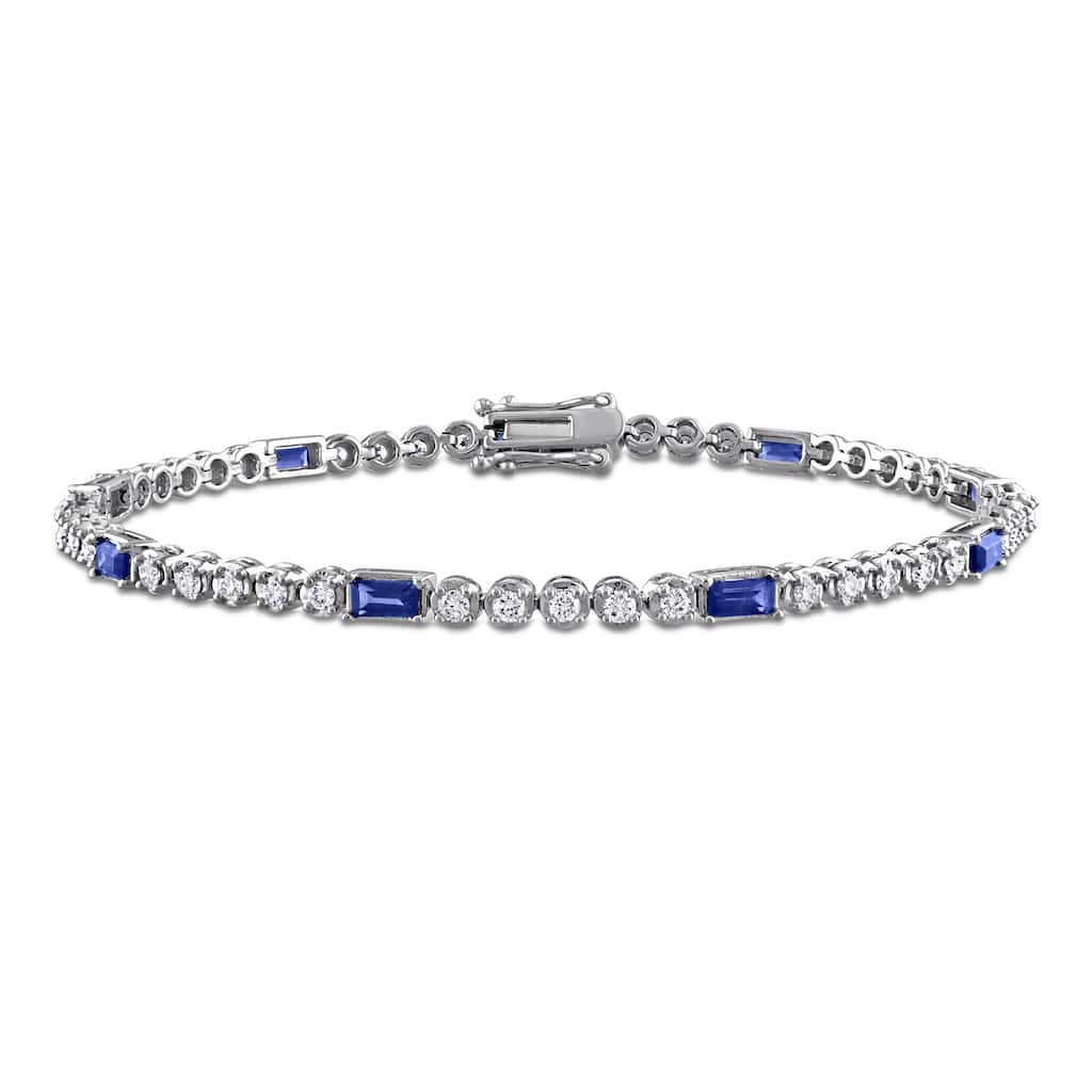 Miadora 1ct TDW Diamond 1 5/8ct TGW Baguette-cut Sapphire Tennis Bracelet in 14k White Gold