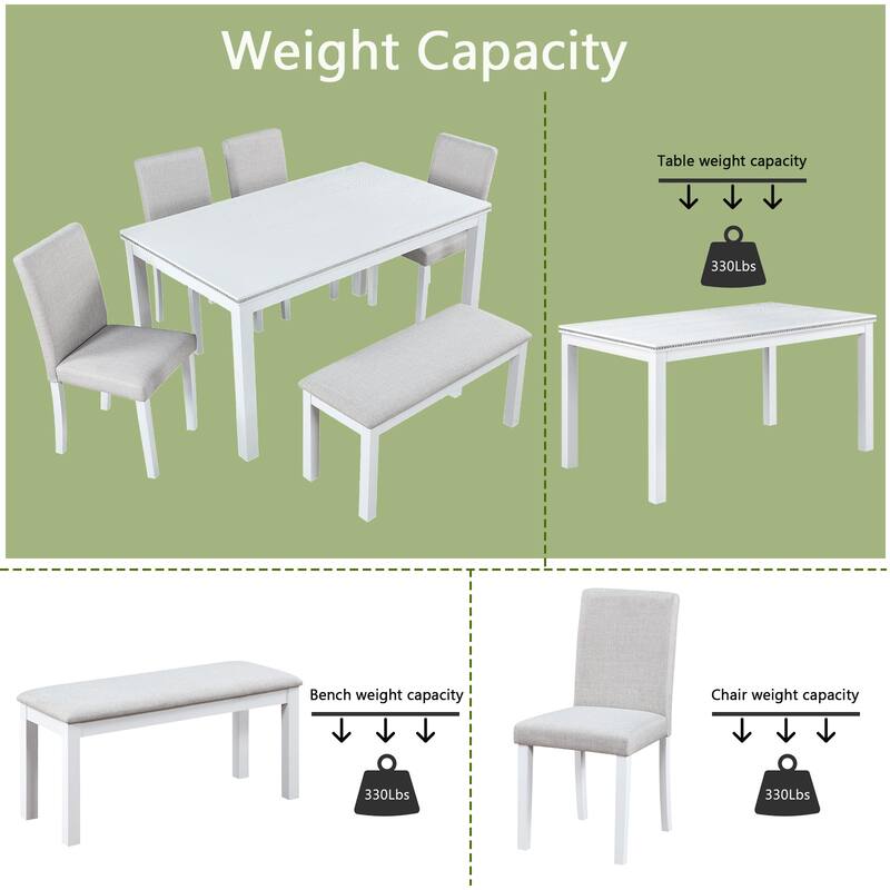 6 Piece Dining Table Set for 6, Modern Rectangular Kitchen Table Set with 4 Upholstered Chairs and Bench, for Kitchen