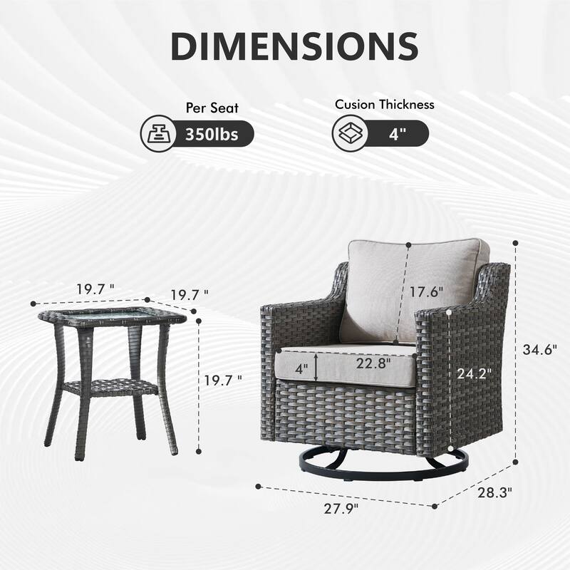 Meyreso 3-Piece Gray Wicker Outdoor Swivel Glider Chair Set with Side Table