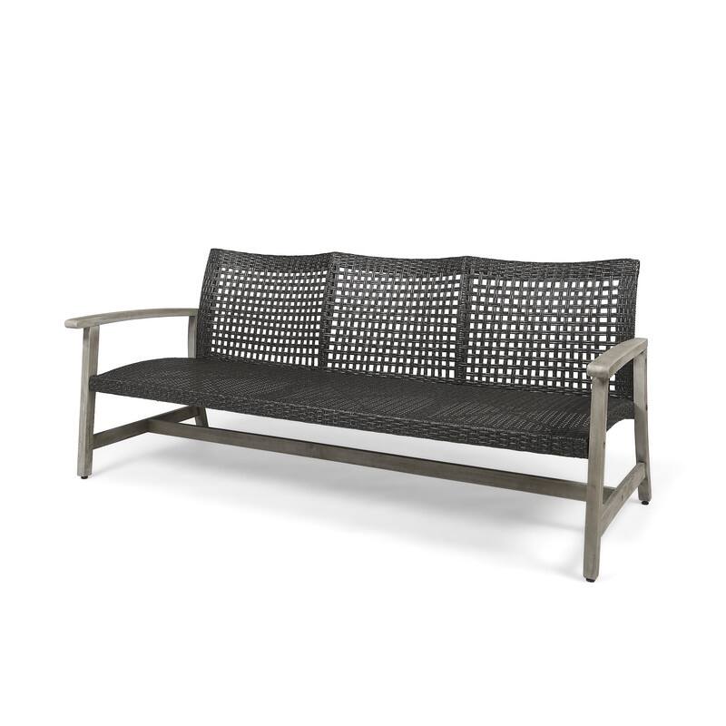 Outdoor Acacia Wood Wicker 3 Seater Sofa, Patio Furniture Conversation Set for Backyard