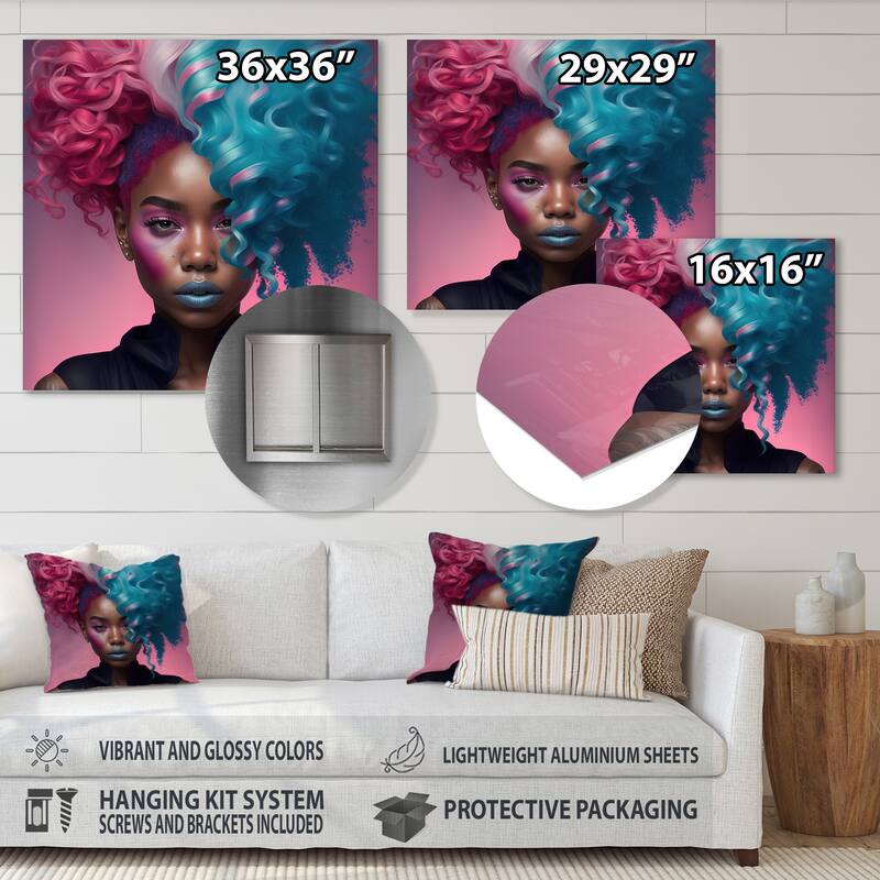 Designart 'Hip Hop Girl With Pink And Blue Hair V' African American Woman Metal Wall Art