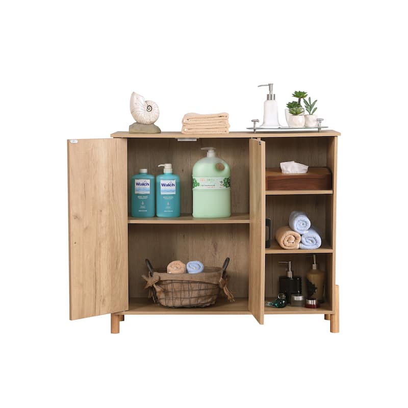 GDFStudio - Harper Mid-Century Modern Storage Cabinet with Woven Rattan Doors, Open & Adjustable Shelves - Particle Board