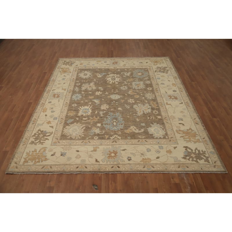 Hand Knotted Oriental 100% Wool Carpet Transitional All-Over Brown Oushak Area Rug - 9' 7'' X 8' 1''