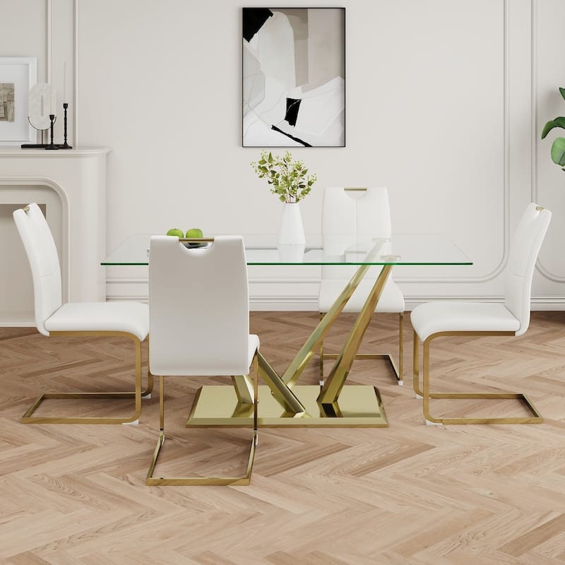 5-Piece Rectangular Dining Table Set for 4 Modern 63" Tempered Glass Kitchen Table with 4 Chairs, Luxury Dining Room Table Set