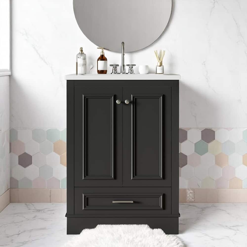 24 Inch Bathroom Vanity with Sink, Solid Wood Frame Cabinet with Adjustable Shelf, Ceramic Top, Silver Handles