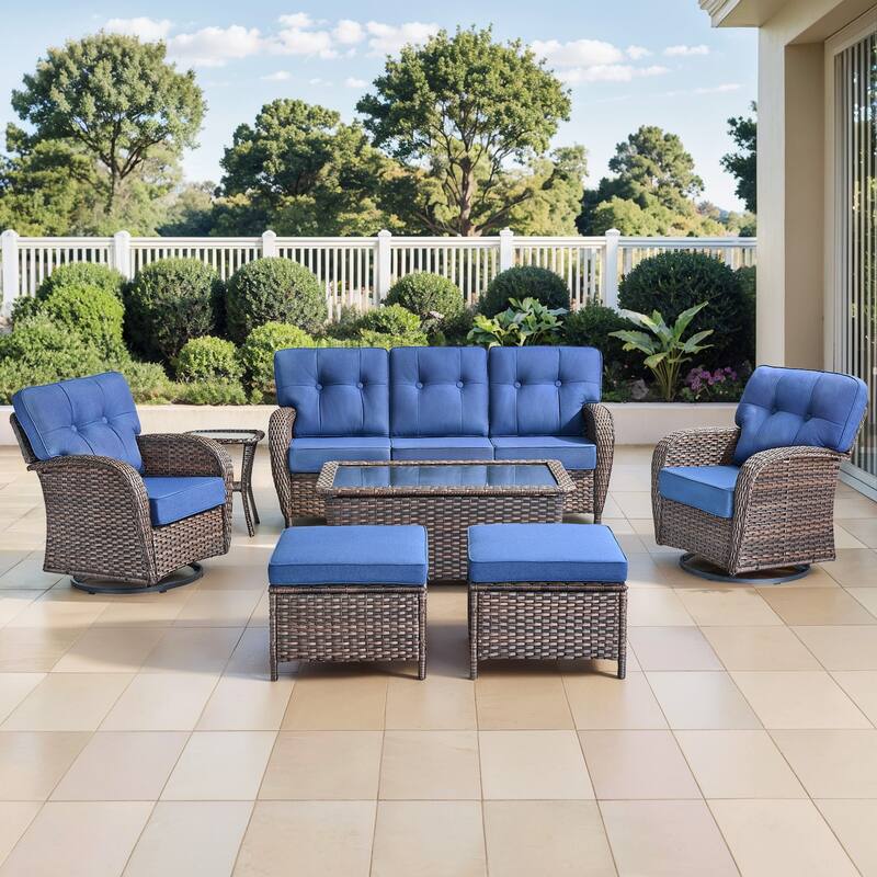 Gymojoy Outdoor Wicker Patio Furniture Set, 5" Thick Cushioned Rattan Set with Swivel Chairs & Coffee Table - Brown Wicker / Blue Cusion - 7-Piece