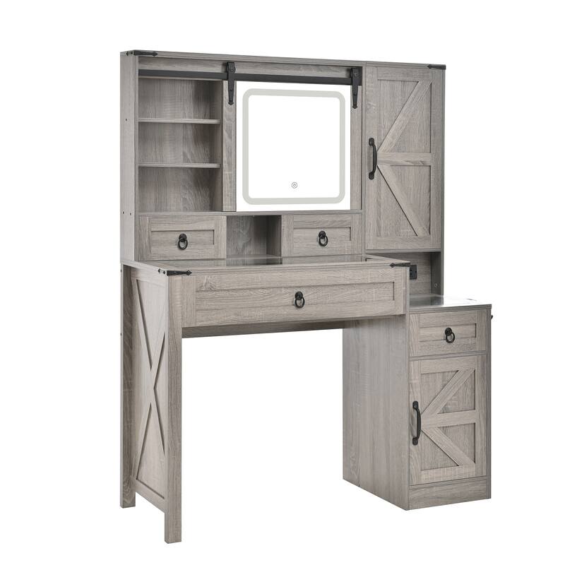 Farmhouse Vanity Desk with Sliding Mirror, Lights & Glass Top, 4 Drawers & 2 Cabinets with Stool