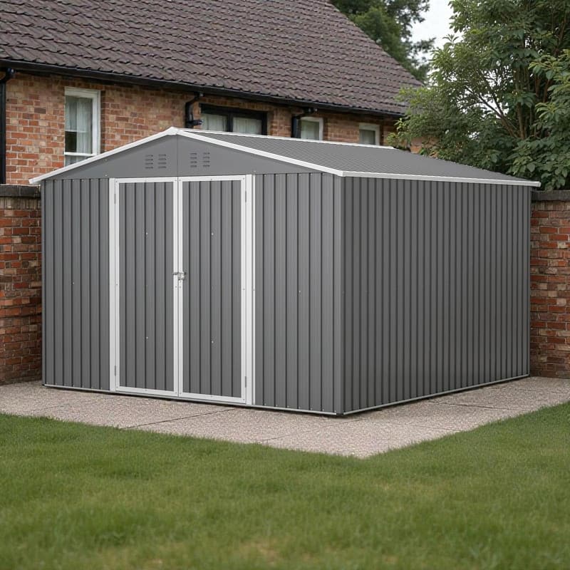 10' x 10' Outdoor Metal Storage Shed, Heavy-Duty Frame with Lockable Double Doors, All-Weather Garden Tool Shed - Grey