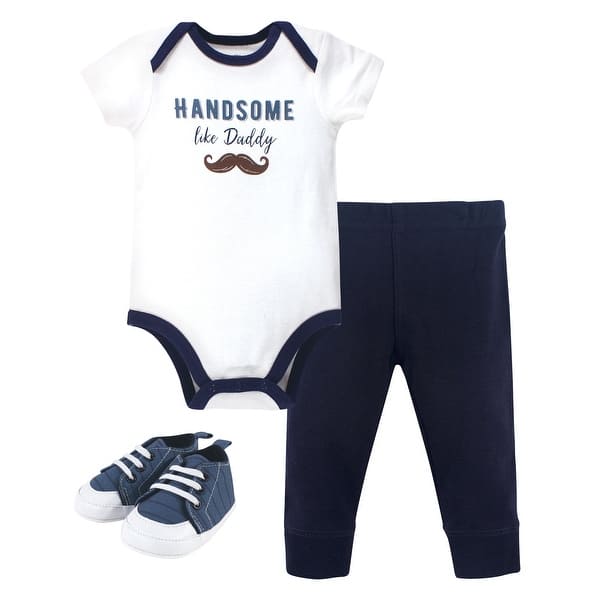 slide 1 of 1, Little Treasure Baby Boy Cotton Bodysuit, Pant and Shoe 3pc Set, Handsome Like Daddy 0-3 Months - Handsome Like Daddy