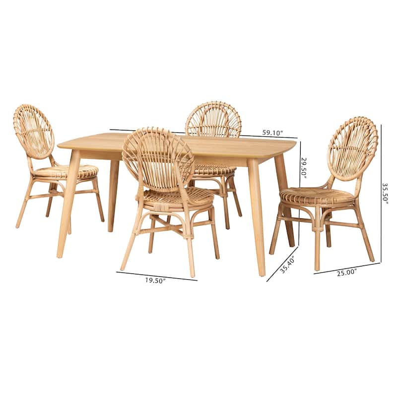 Iris Modern Bohemian Natural Brown Rattan 5-Piece Dining Set