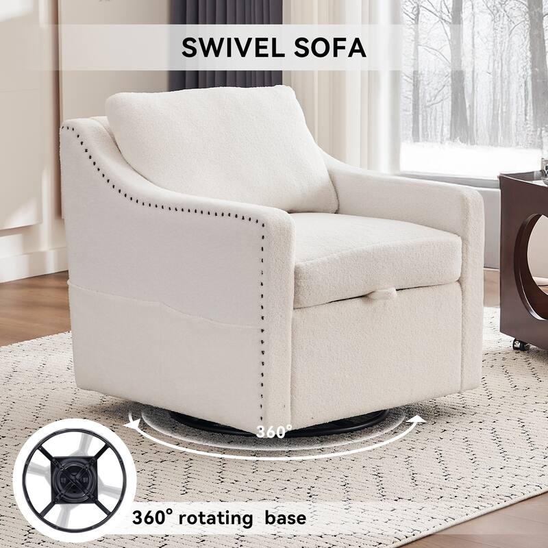 Teddy Upholstered Swivel Accent Chair, Single Sofa Chair with High Backrest, Lounge Armchair with Metal Base & Side Pocket