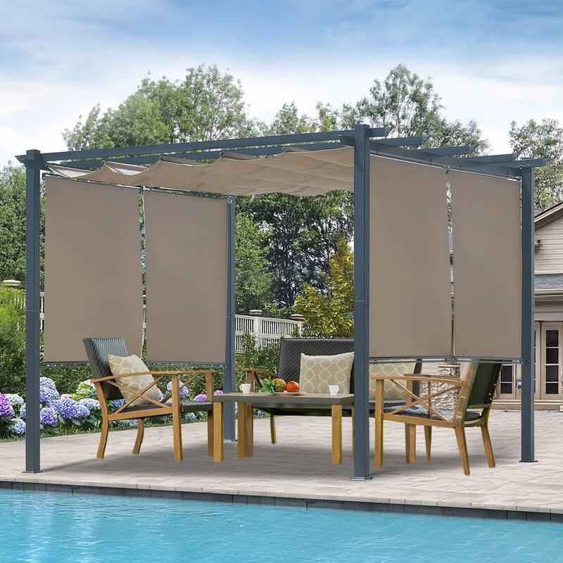 Aoodor 10 x 10 FT Outdoor Pergola with Retractable Shade Canopy, 4 Pieces Roller Shade Curtain - Khaki