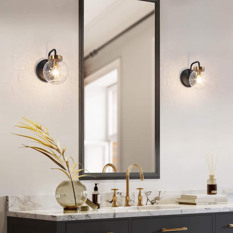 Modern Farmhouse Black Gold 1-Light Wall Sconces Globe Bathroom Vanity Lights - Light fixture: W 5" x D 8" x H 7.5"