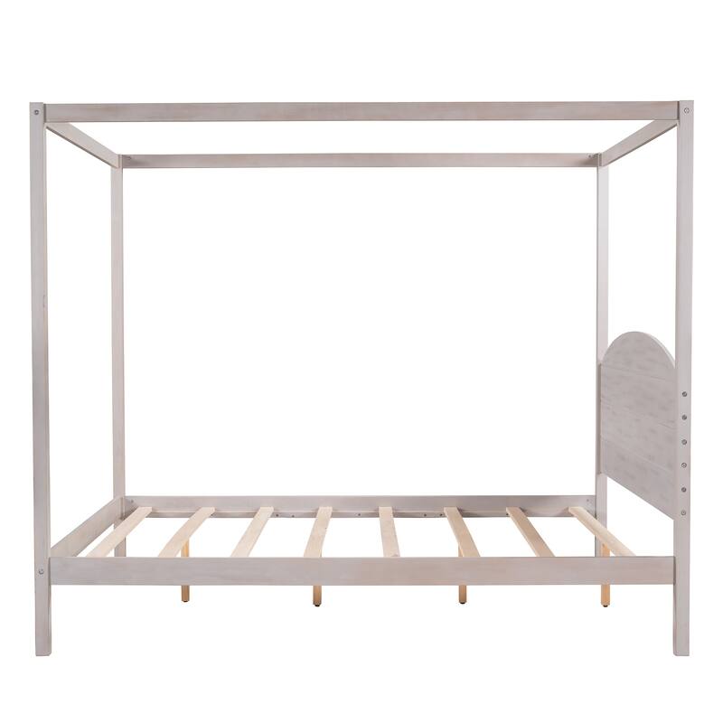 Queen Size Canopy Platform Bed with Headboard, Wood 4Post Canopy