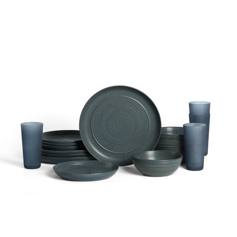 Stone Lain Elio Stoneware Dinnerware Set and Glassware Set - 16 Piece - Blue