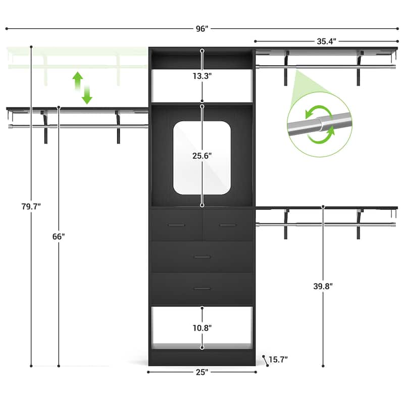 25'' - 96" W Closet System with 4 Wooden Drawers and Mirror, Walk-in Closet Organizer Kits with 3 Extendable Hanging Rods
