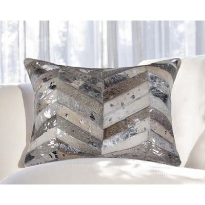 12" X 20" Gray and Silver Chevron Cowhide Lumbar Throw Pillow with Glitter