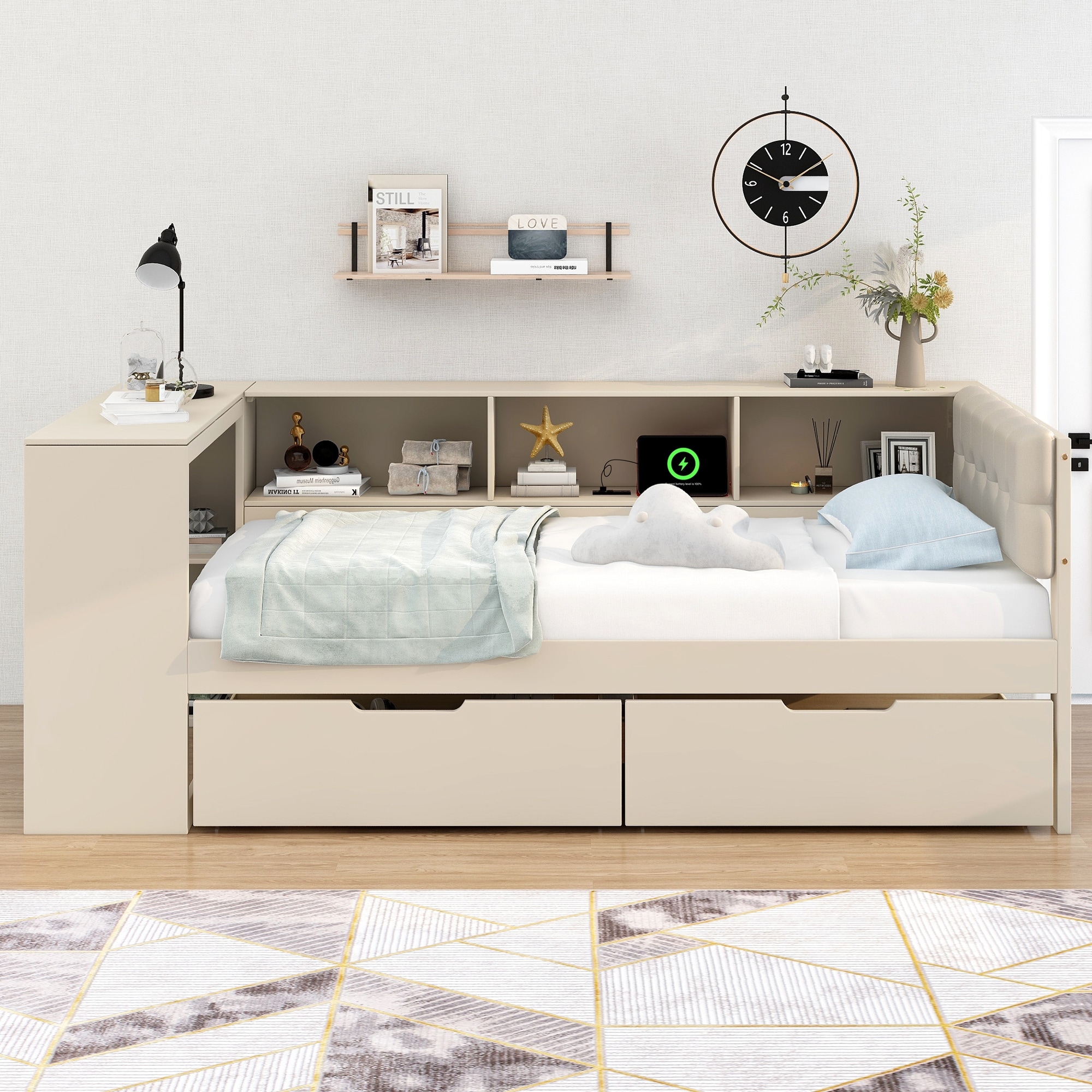 Wood Platform Bed Twin/Full Cream Gray Linen Headboard 2 Drawers Charging Station
