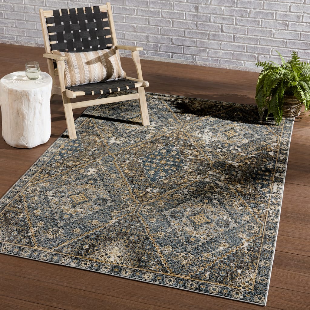Julia Indoor/ Outdoor Medallion Blue/ Gold Area Rug