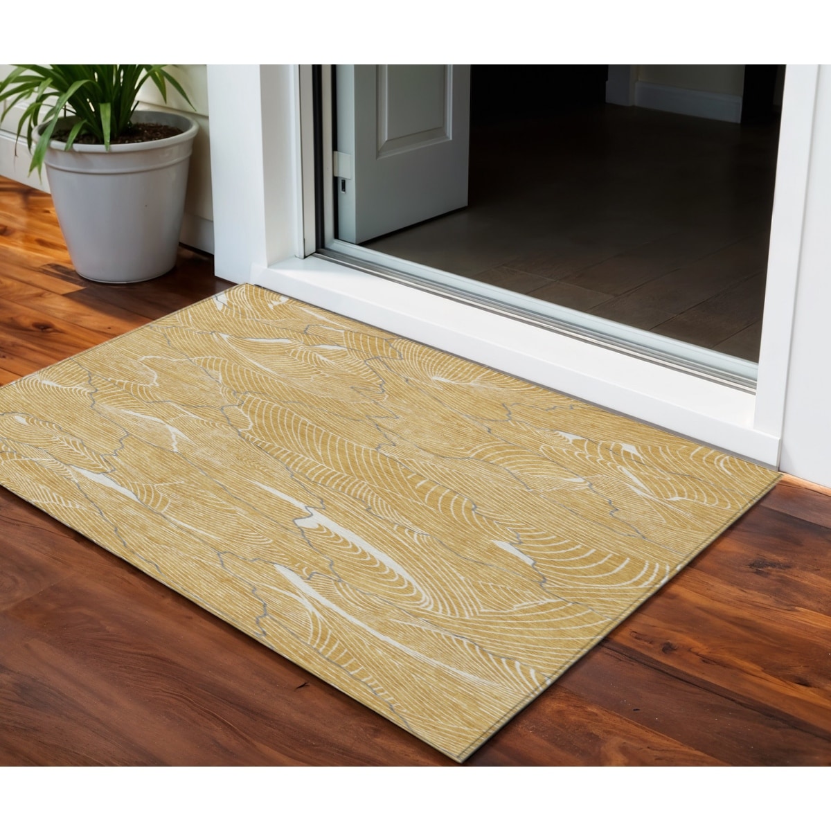 3' X 5' Gold Charcoal And Ivory Abstract Washable Indoor Outdoor Area Rug - 3' x 6'