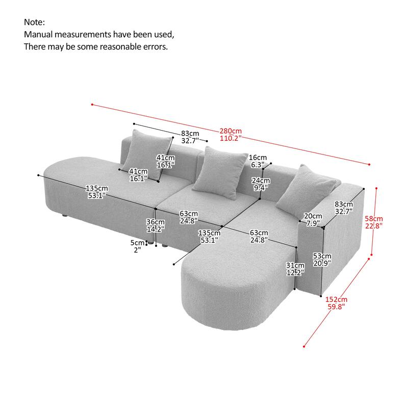 110.2 Inch Modern Sectional Sofa Couch,L Shape Boucle Sofa Couch with 3 Pillows,Modern Minimalist Style Couch