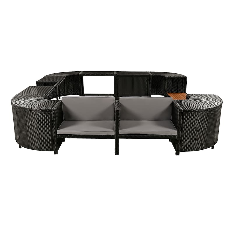 Outdoor Patio Rattan Spa Surround Frame Sofa Set with Storage Spaces and Wooden Bench