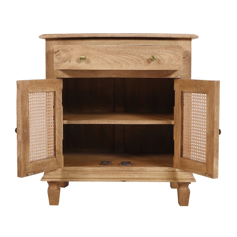 30 Inch Nightstand Table, Rattan Cabinet Doors and Drawer Fronts, Sandblasted Brown Mango Wood