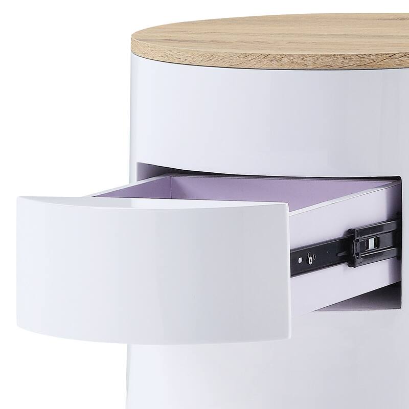 White High Gloss Drum Nightstand with Manual Close Drawer