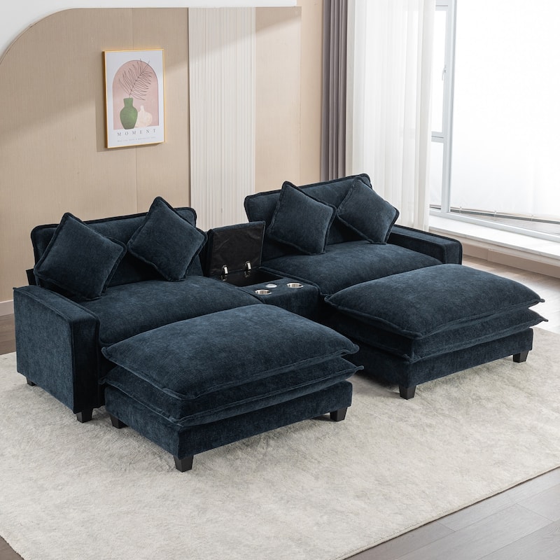 111" Chenille Sectional Sofa Set with USB Ports & Cup Holders, Oversized Chaise Lounge Modular Loveseat with 2 Ottomans