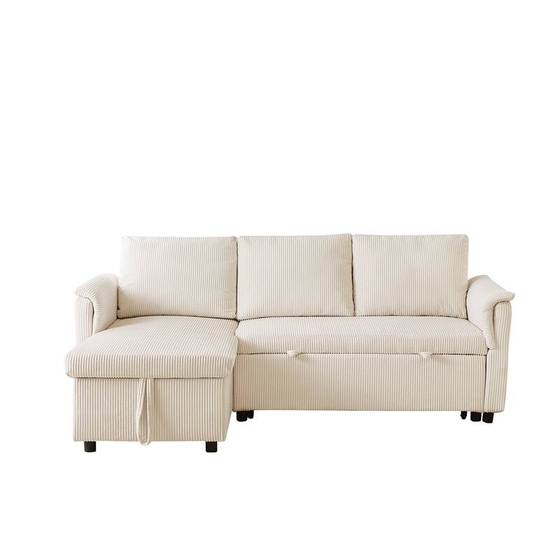 Convertible Corduroy Modular Loveseat Pull-Out Sleeper with Storage Chaise and Reclining Backrest for Living Room