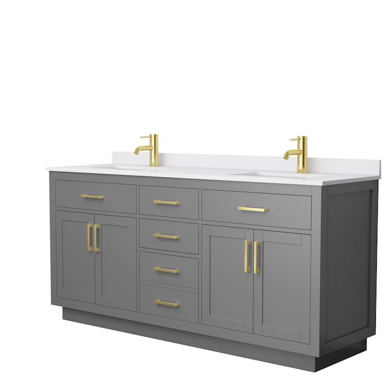 Beckett TK 72-inch Double Vanity, Cultured Marble Top - Dark Gray, Gold Trim, White Cultured Marble Top
