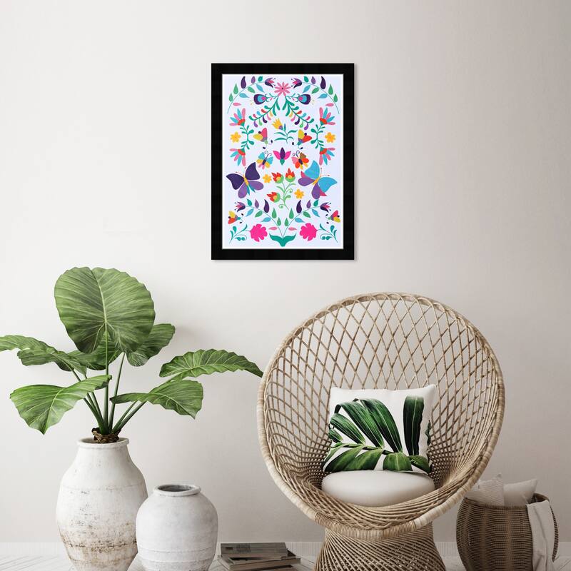 "Colorfull Floral II", Flowers and Butterflies Pattern Traditional Pink Framed Wall Art Print for Bedroom