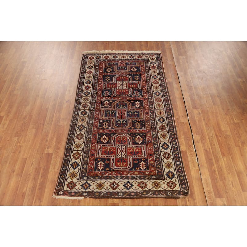 Pre-1900 Antique Vegetable Dye Kazak Rug Hand-Knotted Wool Carpet - 3'8" x 6'10"