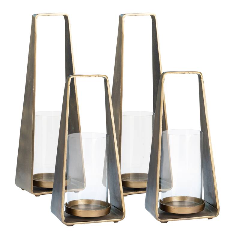 Pyra Large Antique Brass Finished Cast Aluminum and Glass Modern Lanterns, Set of 2