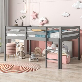 Grey Full Size Pine Wood Loft Bed with Ladder for Kids