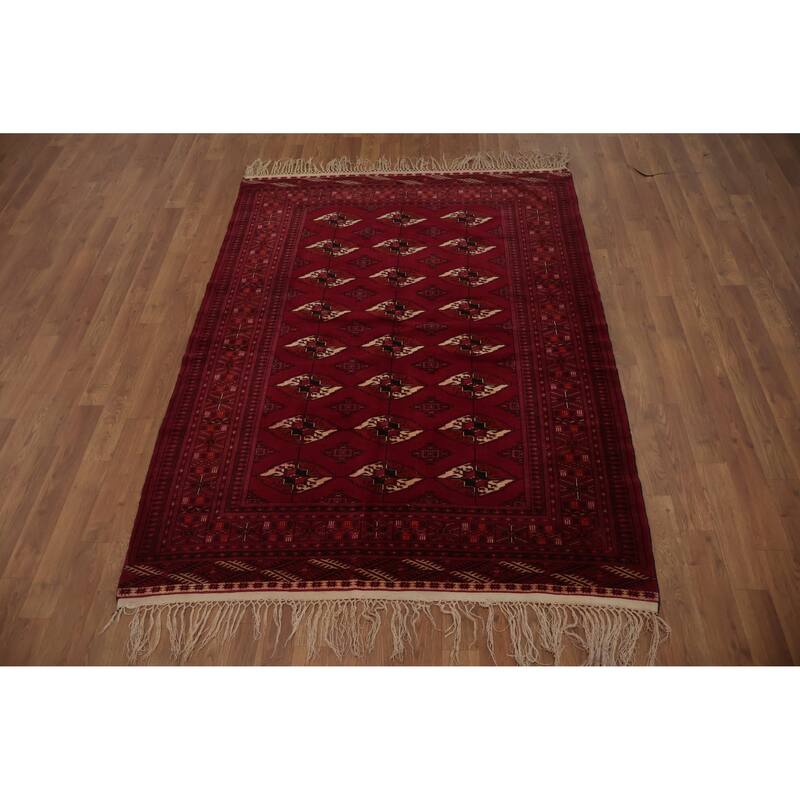 Hand Knotted Oriental 100% Wool Carpet Traditional Geometric Red Bokhara Area Rug - 5' 11'' X 4' 4''