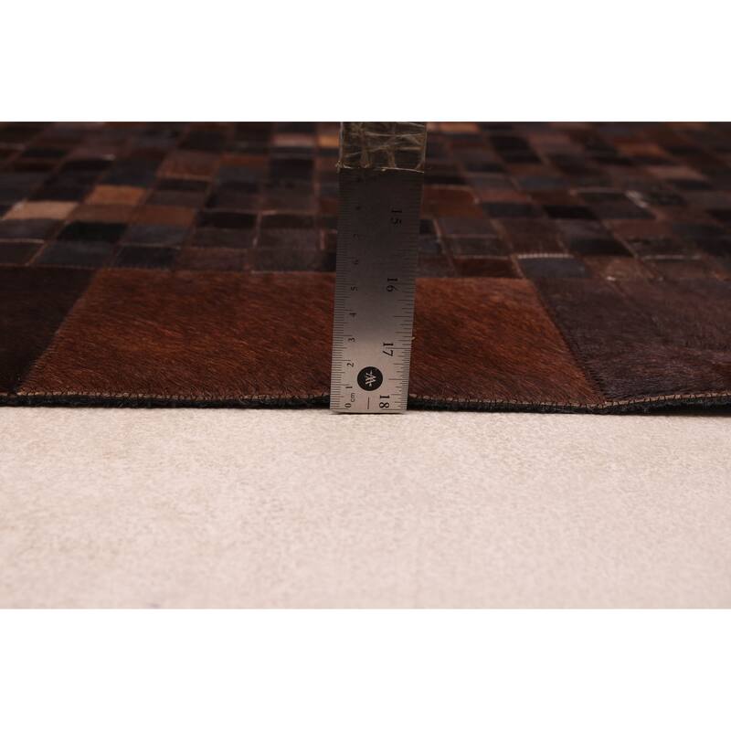 ECARPETGALLERY Handmade Cowhide Patchwork Dark Brown Leather Rug - 8'1 x 10'0